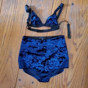 House of Widow blue velvet bra & shorts set